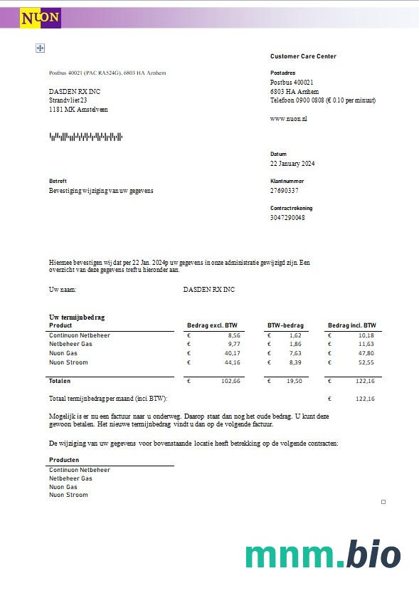 Netherlands NUON Gas rachunek za usługi komunalne szablon w formacie Word i PDF w języku niderlandzkim